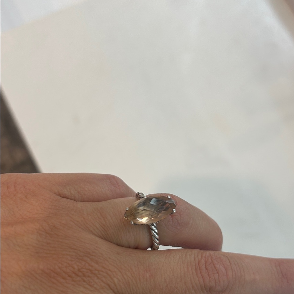 David Yurman Silver Twisted Band Ring with Smoky Stone